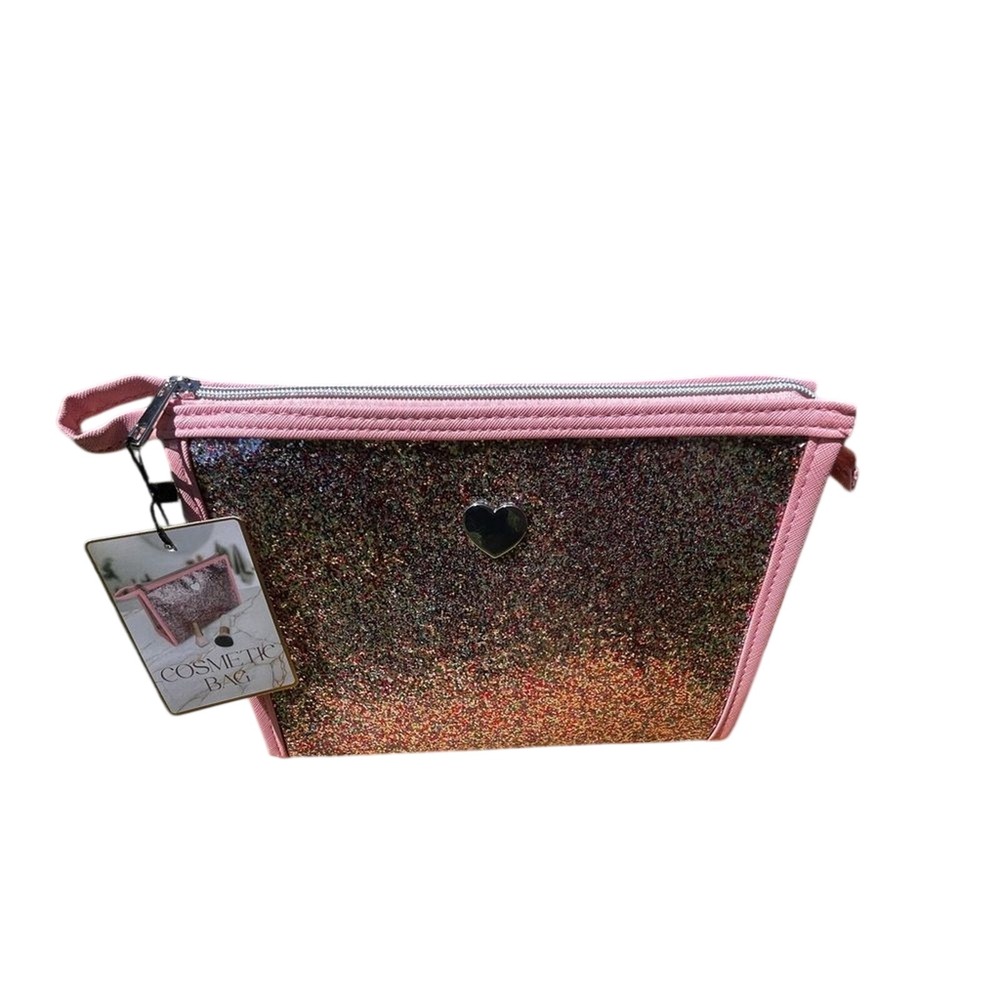 Belle Maison Coated Glitter Pink Cosmetic Bag w/Heart - Picture 2 of 9
